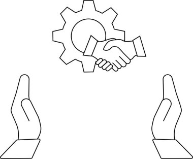 Bir dişlinin önünde el sıkışmaya doğru uzanan iki elin basit çizimi, işbirliği ve sanayiyi simgeliyor..