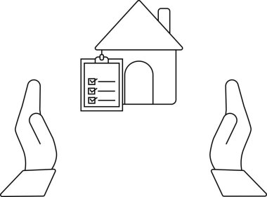 Koruyucu ellerle çevrelenmiş, ev teftişini ve güvenliğini sembolize eden, kontrol listesi eklenmiş bir evi tasvir eden bir çizgi çizgisi çizimi..