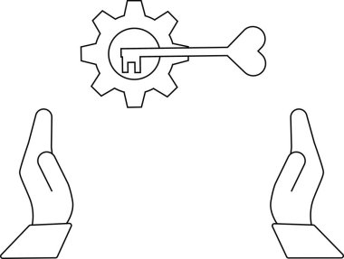 Başarının ve korunmanın anahtarını sembolize eden anahtarla bir vites mekanizmasını koruyan iki elin resmi.
