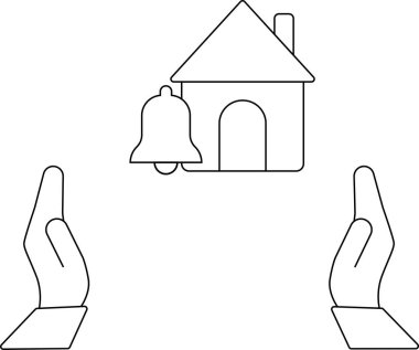 Ev güvenlik sisteminin ikonik temsili, bir ev, bir uyarı zili ve koruyucu eller.