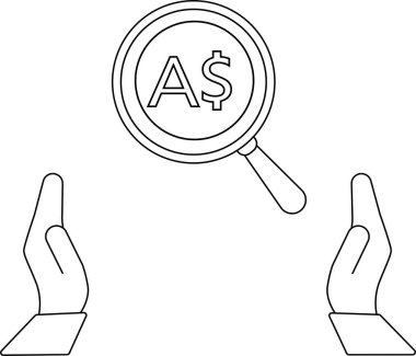 Finansal analizi veya yatırımı temsil eden Avustralya dolar sembolüne odaklanan bir büyüteç tutan ellerin tasviri.