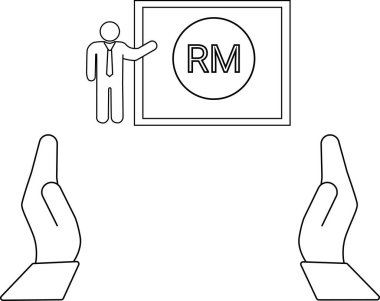 Yanında RM harfleri bir dairenin içinde duran birinin el işaretini tutan siyah beyaz bir illüstrasyon..