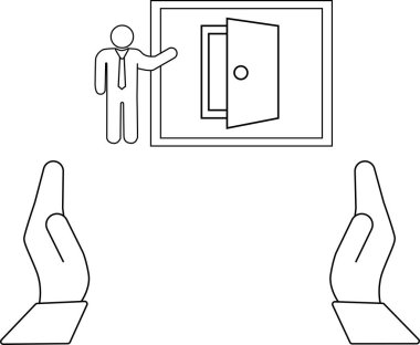 Açık bir kapıyı gösteren bir çizgi. Yanında duran bir iş adamı. Fırsatı ya da yeni bir başlangıcı simgeliyor..