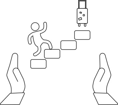 Minimalist bir illüstrasyon bavula doğru merdivenleri tırmanan birini gösteriyor..