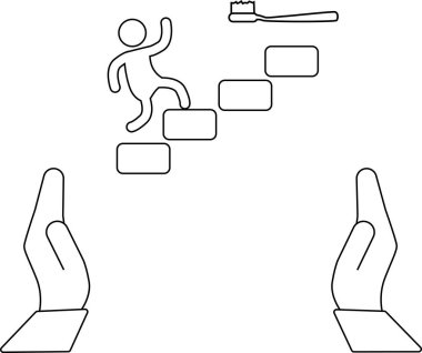 Bir insanın diş fırçasına doğru giden basamakları tırmanışını gösteren basit bir çizim, iki elle desteklenen ağız temizliğine giden yolculuğu sembolize ediyor..