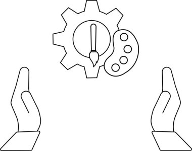 Yaratıcı süreci ve tasarım düşüncesini temsil eden fırça ve paletle bir vites tutan ellerin simgesi.