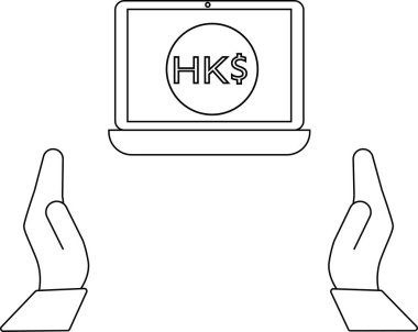 Hong Kong Dolar para birimi sembolünü gösteren, çevrimiçi finans ve dijital işlemleri temsil eden bir dizüstü bilgisayar sunan eller..