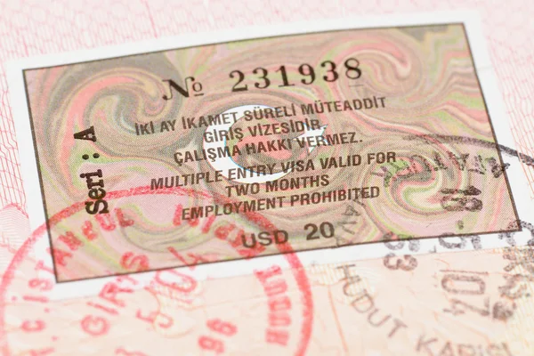 Passport page with Turkey visa and immigration control stamp. — Stock Photo, Image