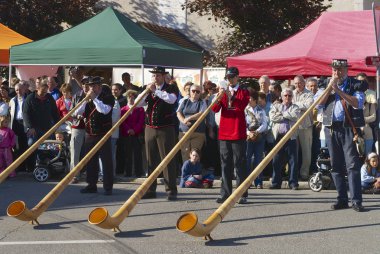Erkek alpenhorns ile müzik Affoltern Im Emmental İsviçre gerçekleştirmek..