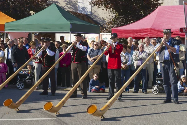 Men perform music with alpenhorns in Affoltern Im Emmental, Switzerland. — Stock Photo, Image