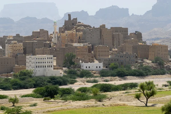 Tradycyjne jemeński błoto cegła budynków miasta, Hadramaut Dolina, Jemen. — Zdjęcie stockowe