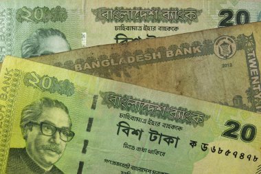 20 taka bill, Bangladeş. Dünyanın en pis, kirli olanlar Bangladeşli banknotlar arasındadır.