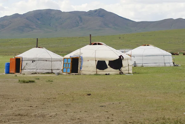 Three traditional Mongolian yurts (nomadic tents) located in steppe circa Harhorin, Mongolia. — Stock Photo, Image