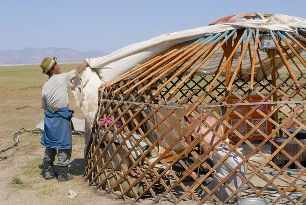Homens mongóis montam yurt (ger ou tenda nômade) na estepe circa Harhorin, Mongólia . Imagem De Stock