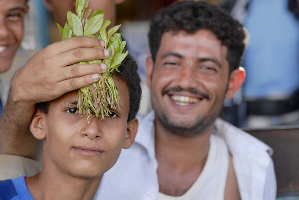 Men sell khat at the local market in Lahij, Yemen.
