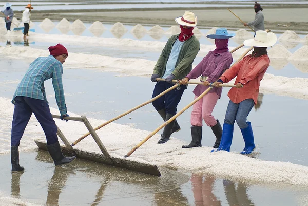 İnsanlar Huahin, Tayland için tuz çiftliğinde çalışmak. — Stok fotoğraf