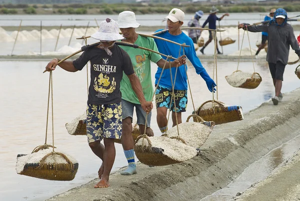 People carry salt  at the salt farm in Huahin, Thailand. — Stock Photo, Image