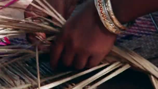 Bangladeshi lady weaves bamboo bark producing bamboo mat in Tangail, Bangladesh. — Stock Video