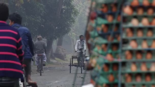 Mensen vervoer eieren per fietsen op een koude mistige ochtend in Puthia, Bangladesh. — Stockvideo