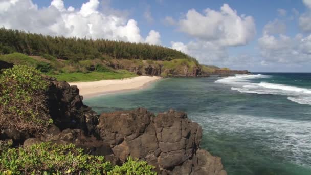 Vista para a famosa praia dourada entre as rochas de formação vulcânica preta na costa da Gris Gris em Souillac, Maurício . — Vídeo de Stock