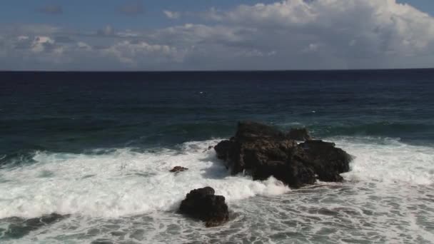 Hint Okyanusu dalgaları Gris Gris Souillac, Mauritius ünlü sahilinde siyah volkanik oluşum kayalara çarptı. — Stok video