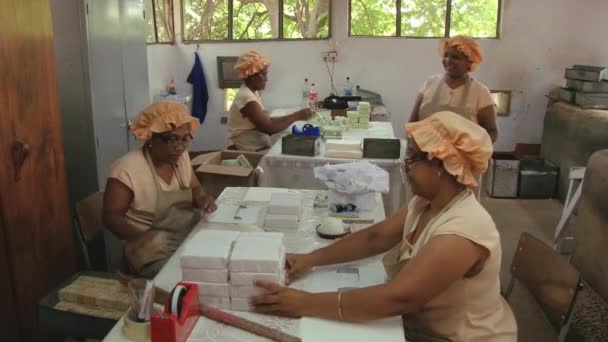 Las mujeres empacan galletas de yuca en la famosa Biscuiterie Rault en Mahebourg, Mauricio . — Vídeos de Stock