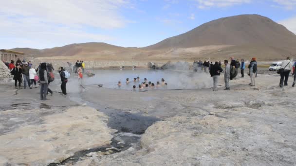 Le persone fanno il bagno nella piscina geotermica El Tatio a San Pedro de Atacama, Cile . — Video Stock