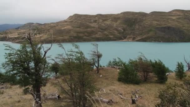 Nézd, a tó a Torres del Paine Nemzeti park, Patagónia, Chile. — Stock videók