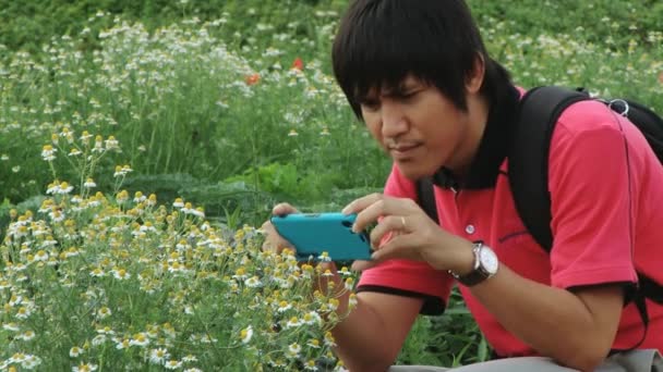 Fotografie turistiche fiori con uno smartphone a Chiang Mai, Thailandia . — Video Stock