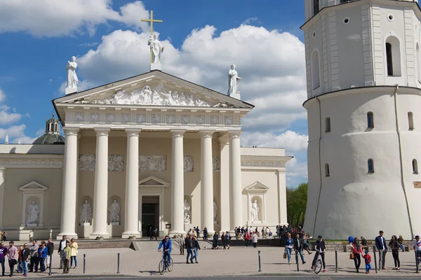 La gente cammina vicino alla piazza della Cattedrale a Vilnius, Lituania . — Foto Stock