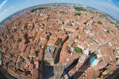 View from the top of Asinelli tower with a fish eye lens to Bologna, Italy.
