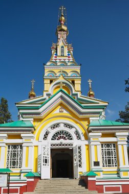 Exterior of the Ascension Cathedral in Almaty, Kazakhstan.