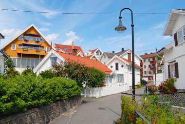 View to the traditional Norwegian houses in Frogn, Norway.