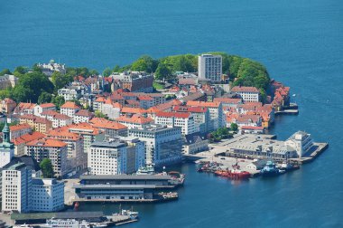 Bergen, Norveç'te Floyen Tepesi'nden binalar ve liman görünüm.