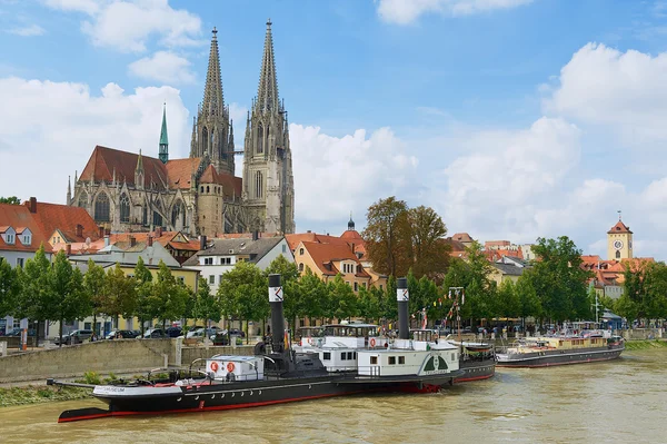 Vista a la catedral de Ratisbona y edificios históricos con el río Danubio en primer plano en Ratisbona, Alemania . — Foto de Stock