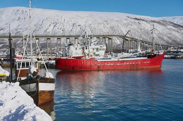 Met het oog op de boten gebonden aan de haven van Tromsø, Noorwegen. — Stockfoto