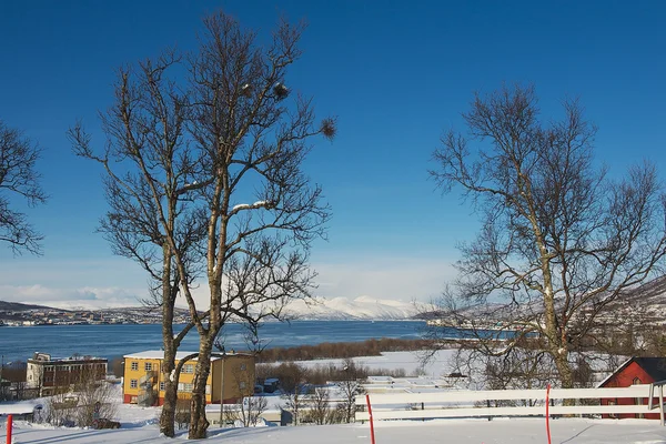 Tromso, Norveç'te düz sahilinde tarihi binalar için görüntüleyin. — Stok fotoğraf