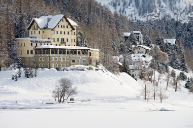 View to the Waldhaus am See hotel in Saint Moritz, Switzerland.