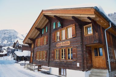 Exterior of the traditional wooden chalet Fontana in Murren, Switzerland.