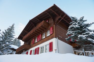 Exterior of the traditional wooden chalet Meierisu in Murren, Switzerland.