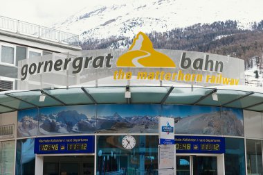 Exterior of the Gornergratbahn train station sign in Zermatt, Switzerland.