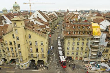 View from the Clock Tower to the tram passing by the street in Bern, Switzerland.