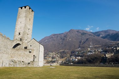 View to the tower of the Castelgrande castle in Bellinzona, Switzerland.