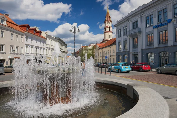 Visa att de historiska byggnaderna och fontänen på den centrala delen av staden Vilnius, Litauen. — Stockfoto