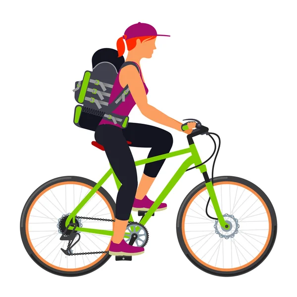 Bisiklet seyahat. Kadın bir sırt çantası ile