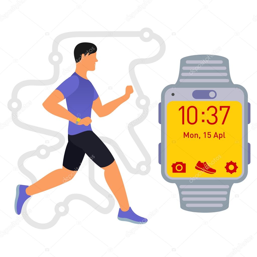 Vector flat image male runner on the background of the Itinerary and smart watches. Branding Identity Corporate logo design template, web design, web icon. Isolated on a white background
