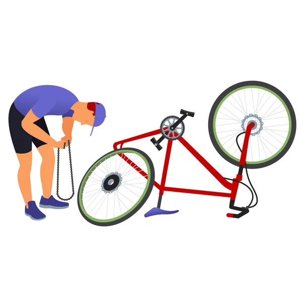 自転車旅行。男は自転車のチェーンの修理. — ストックベクタ
