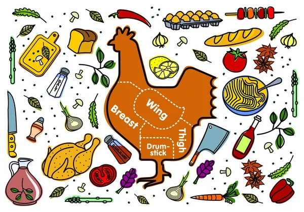 Vectorillustratie van kip en groenten — Stockvector