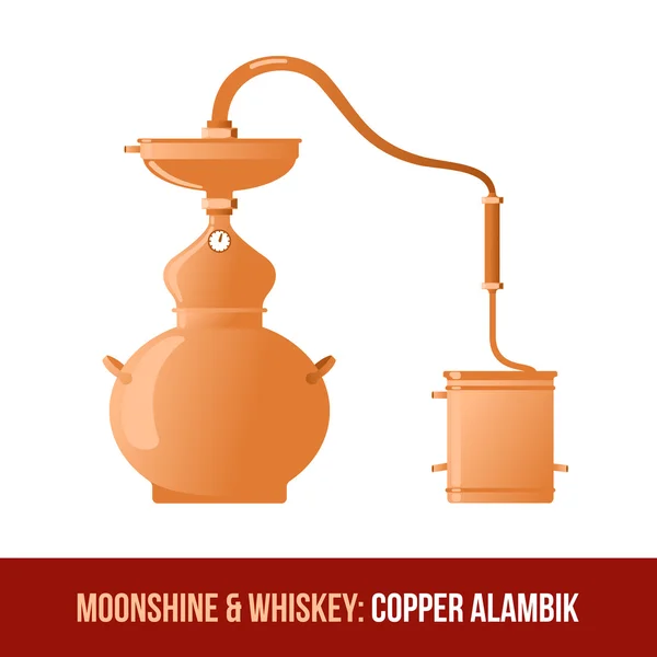 Moonshine et whisky. Alambik de cuivre — Image vectorielle