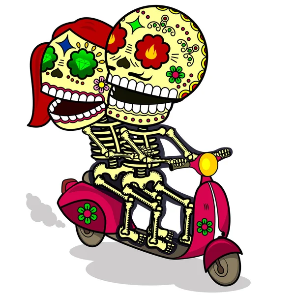 Funny skeletons. A love journey on a scooter — Stok Vektör